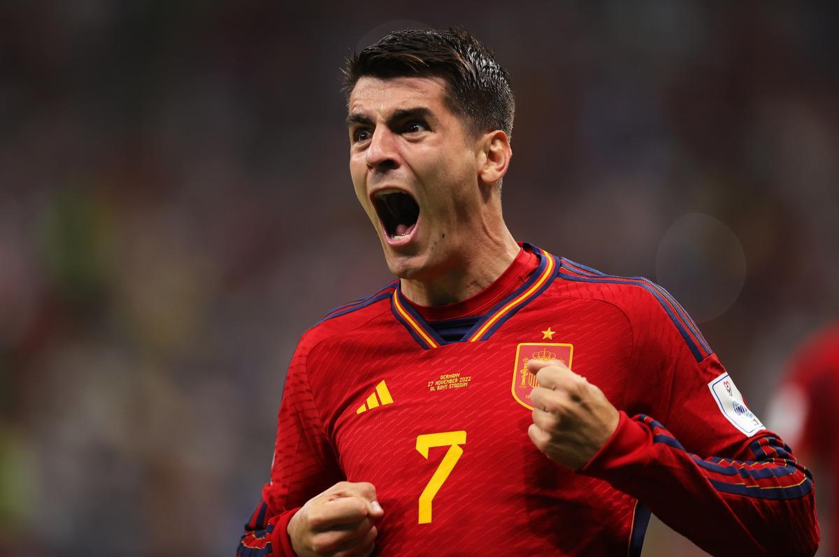 Al Khor (Qatar), 27/11/2022.- Alvaro Morata of Spain celebrates after scoring the 1-0 lead during the FIFA World Cup 2022 group E soccer match between Spain and Germany at Al Bayt Stadium in Al Khor, Qatar, 27 November 2022. (Mundial de Fútbol, Alemania, España, Catar) EFE/EPA/Friedemann Vogel