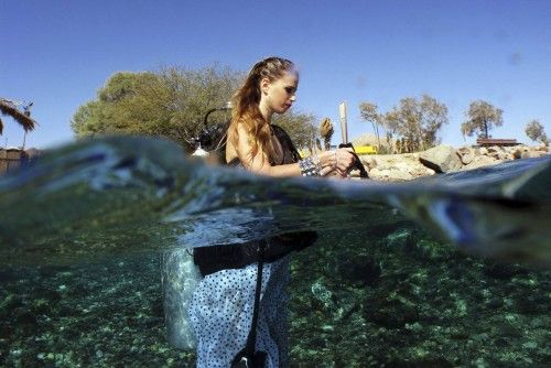 Un fotógrafo y una modelo trabajan bajo el agua en una sesión fotográfica de moda