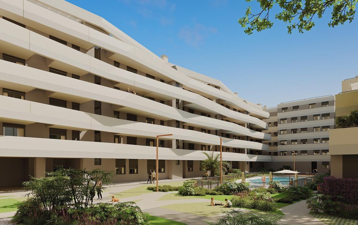 Una imagen de la fase dos de Creative Homes Bulevar, que Neinor edifica en Cortijo Merino, en Málaga capital.