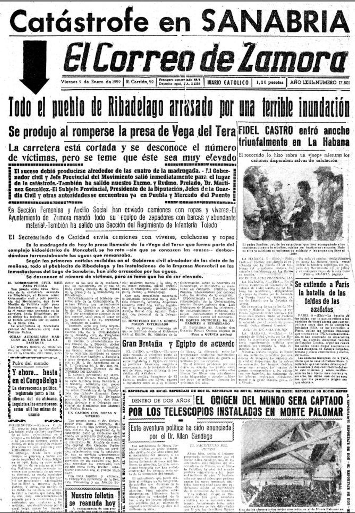 Portada de EL CORREO DE ZAMORA publicada el viernes 9 de enero de 1959