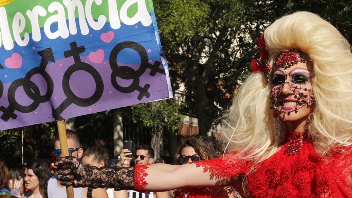 Una manifestante muestra un cartel en el que pide &quot;tolerancia&quot; durante el desfile del Orgullo Gay en Madrid, este sábado.