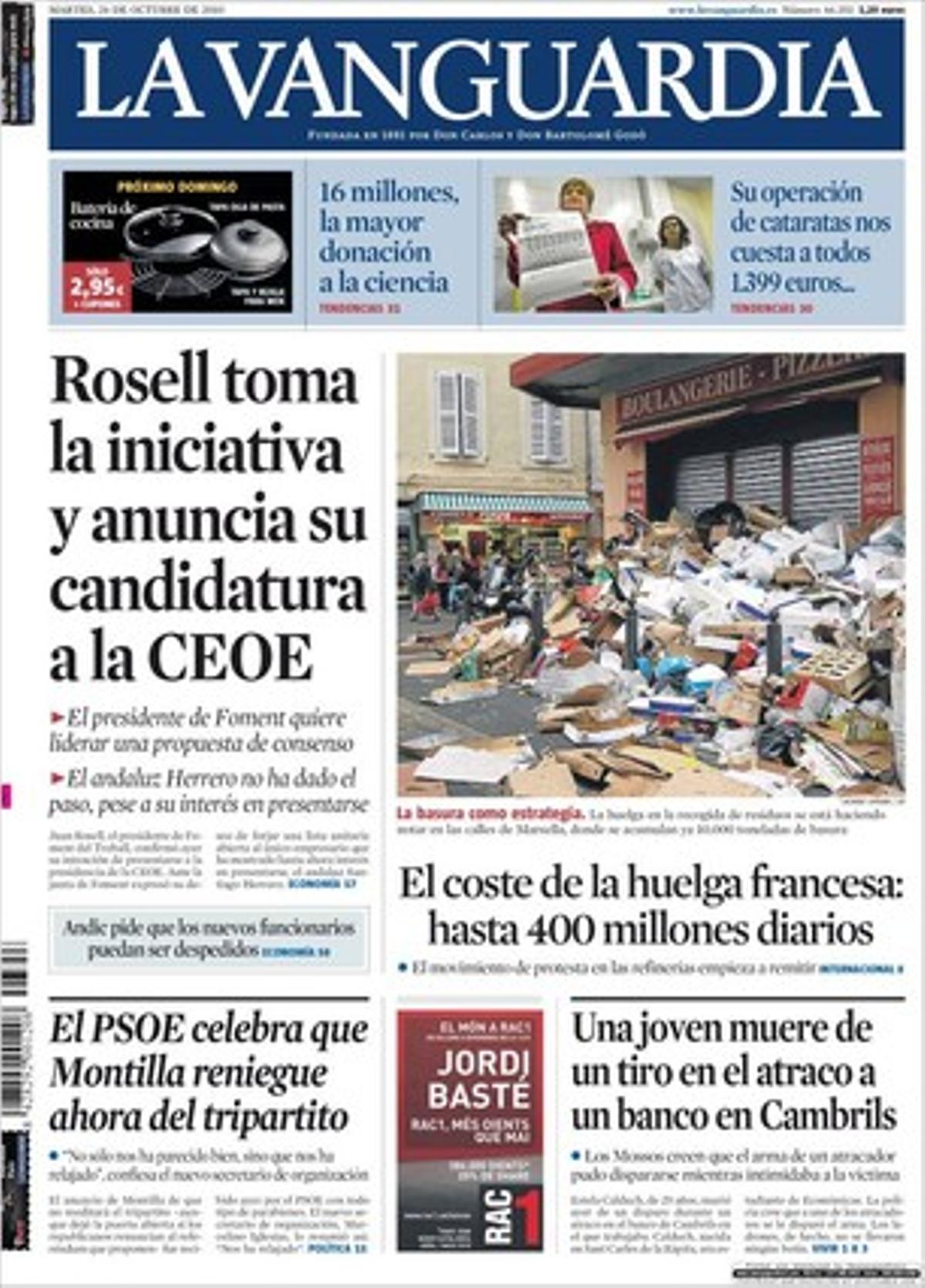 A les pàgines interiors ’La Vanguardia’ destaca que sectors del PP demanen a Rajoy una rèplica política a Rodríguez Zapatero, que arriba la primera neu de la temporada al Pirineu, que el passeig de Gràcia obrirà les botigues el 2 de desembre a la nit, que l’Institut de l’Empresa Familiar reclama sous variables per als nous funcionaris i que els sindicats reben el nou ministre Valeriano Gómez amb més protestes al desembre, i que els col·labadors dels bons de la Generalitat creuen que l’emissió s’ampliarà fins als 2.500 milions després que se n’hagin col·locat 1.200 en només dues jornades.