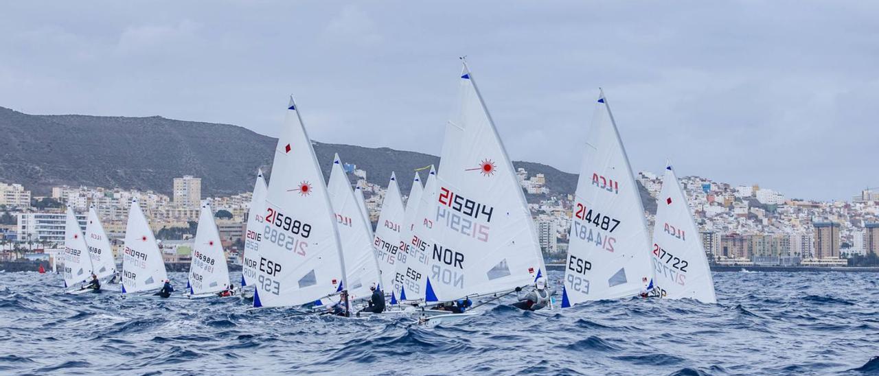 La flota que participa en la Semana Olímpica Canaria de Vela, en la bahía de Las Palmas de Gran Canaria. | | RCNGC