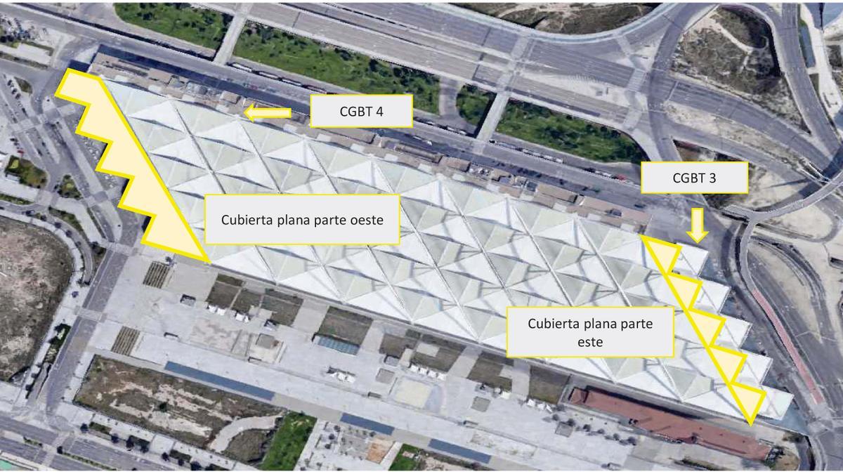 En amarillo, los espacios en los que se instalarán las placas solares en la cubierta de la estación Delicias de Zaragoza.