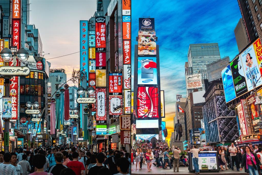 A la izquierda la calle Shibuya de Tokio; a la derecha Times Square en Nueva York