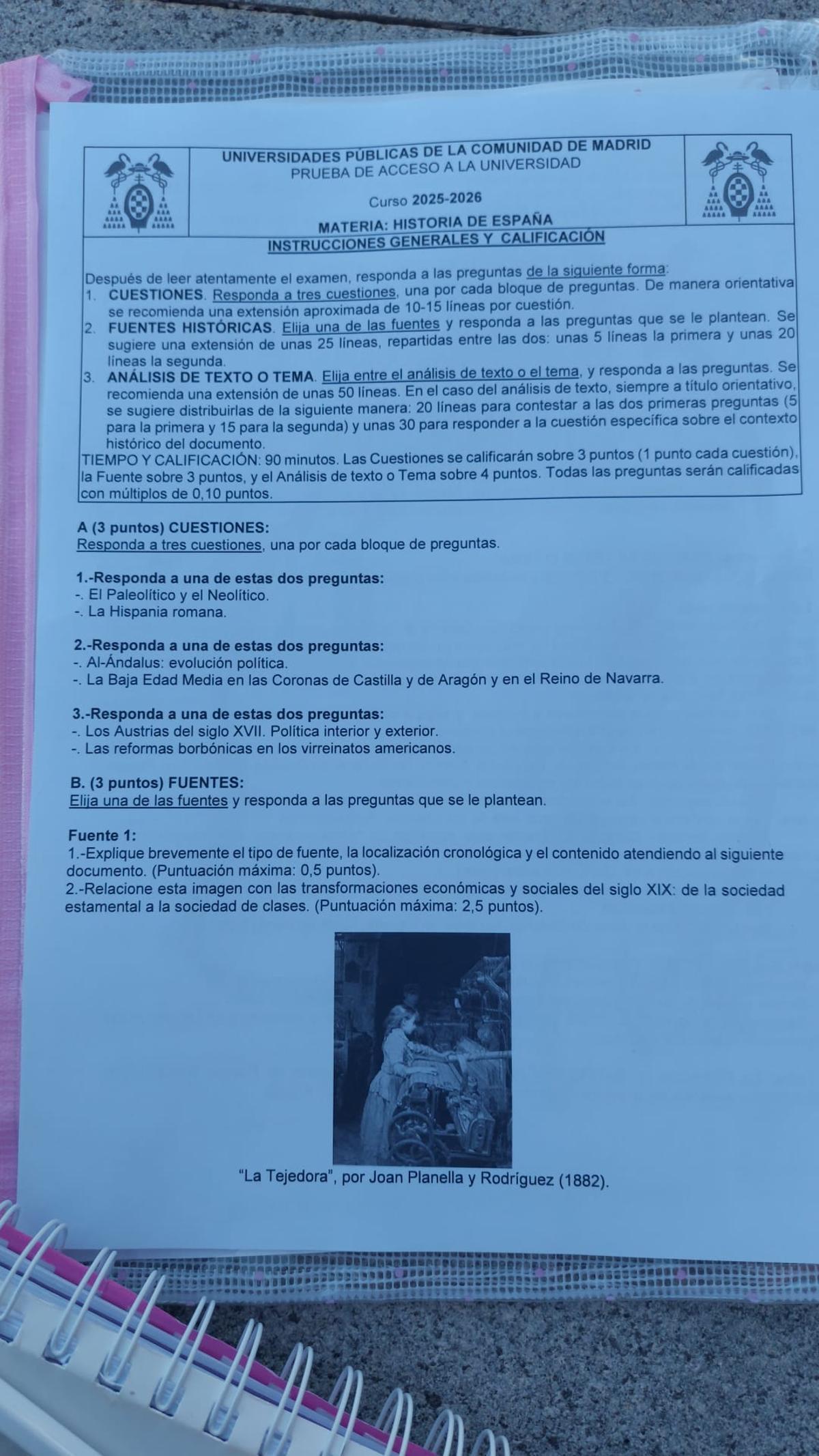 Examen de Historia de España de la PAU 2026 en Madrid.