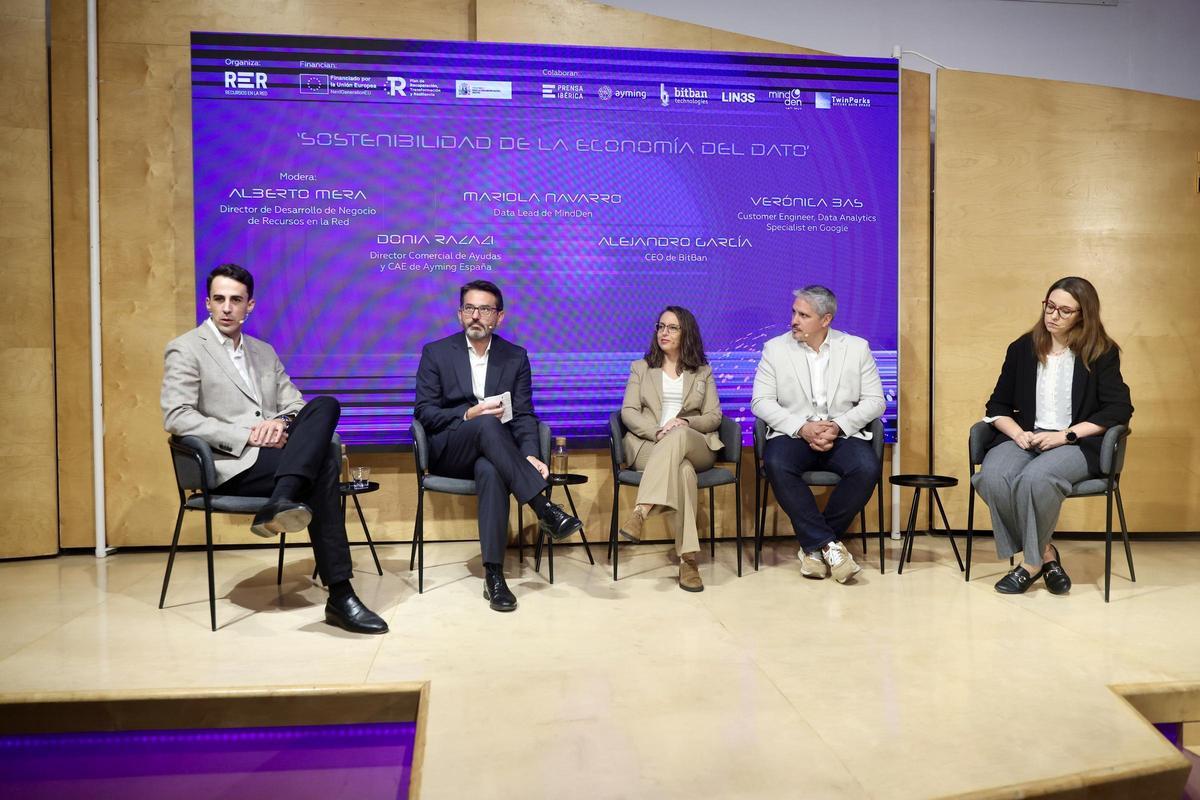 Alberto Mera, director de Desarrollo de Recursos en la Red, modera la mesa "Sostenibilidad de la Economía del dato" con Donia Razazi (Ayming), Mariola Navarro (MindDen), Alejandro García (BitBan) y Verónica Bas (Google Cloud)