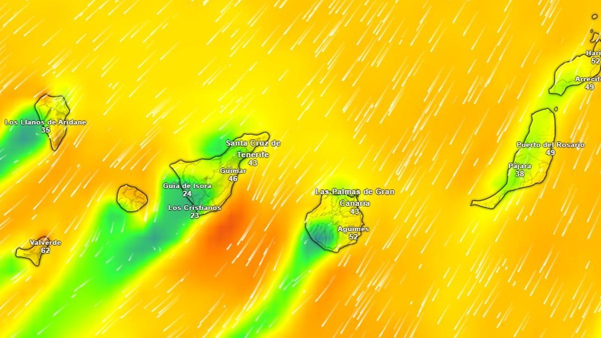 Mapa meteorológico de las rachas de viento en Canarias