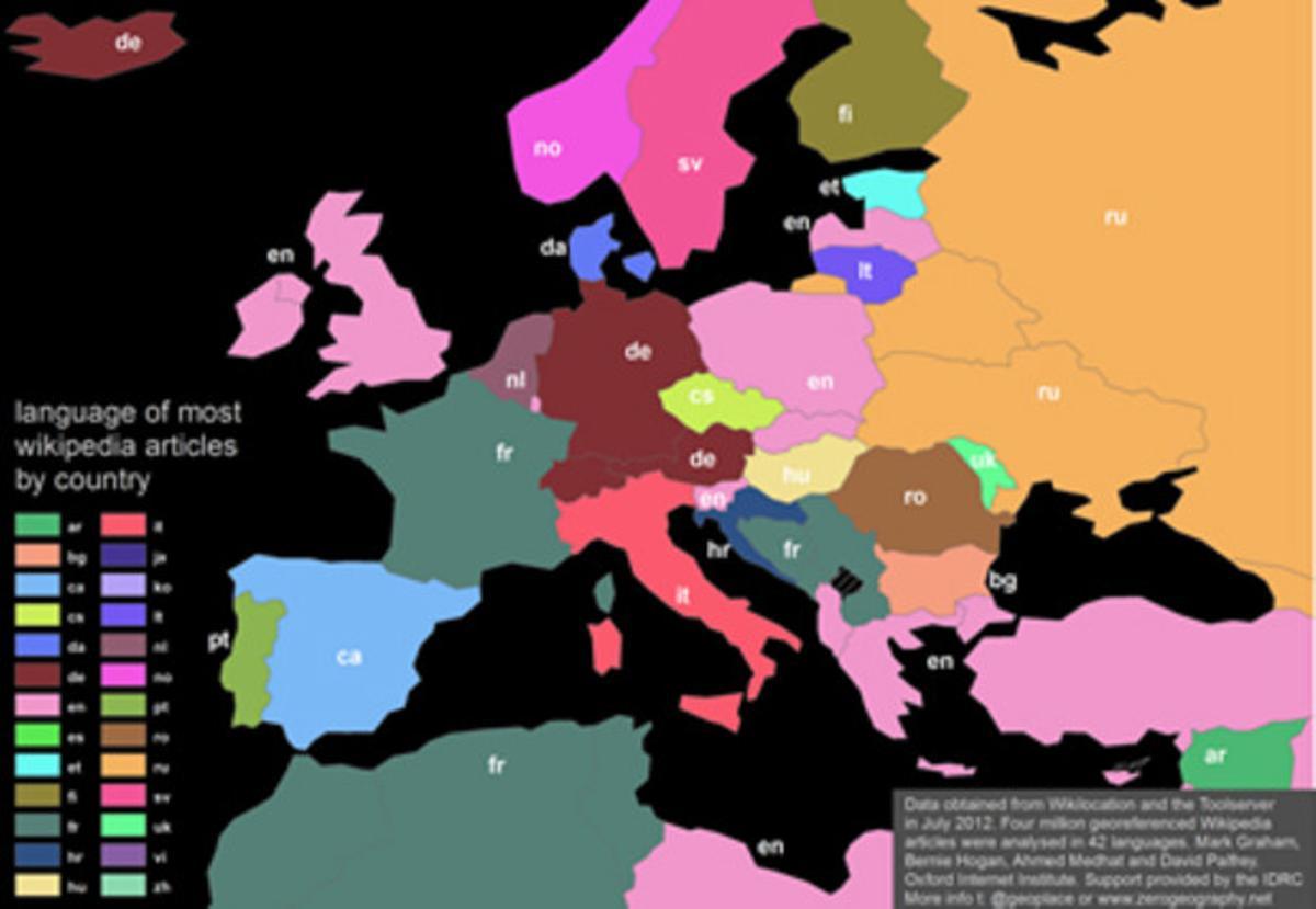 Mapa de l’estudi de Mark Graham sobre l’ús de les llengües en cada país a través de Viquipèdia.