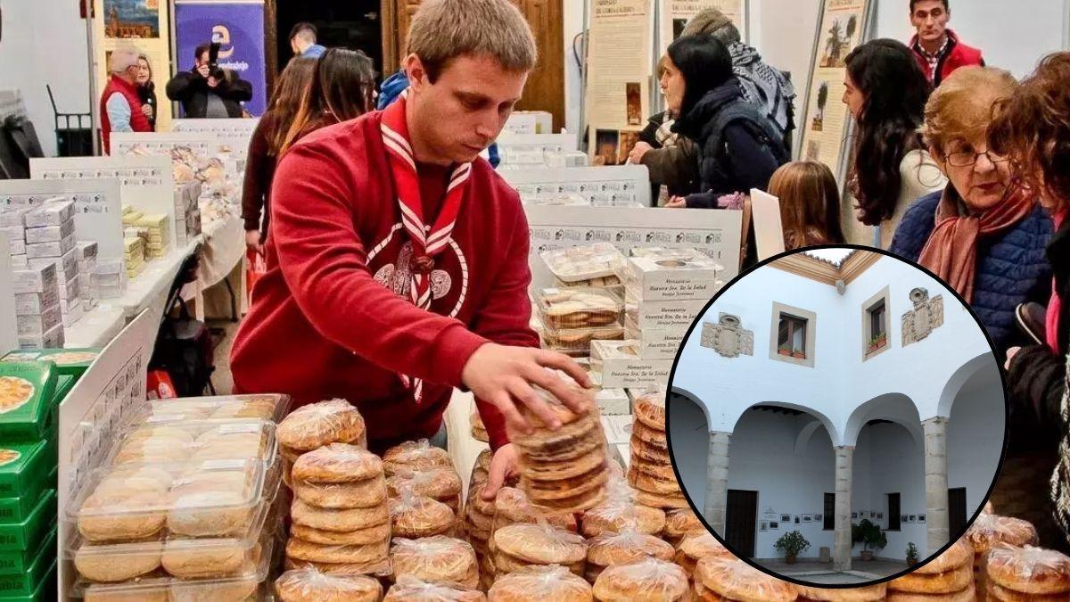 Imagen de la extinta Feria Dulce Conventual y, en el círculo, el Obispado de Cáceres