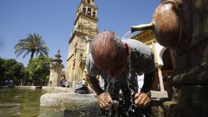 Un hombre se refresca en una fuente en Córdoba. PIM