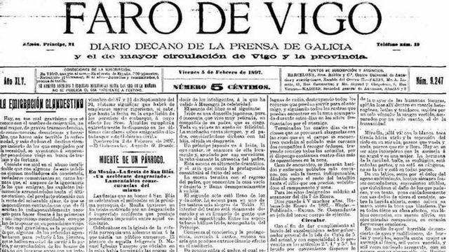 Sobre estas liñas, a portada de FARO DE VIGO do 5 de febreiro de 1897 e ampliación da noticia. // FDV