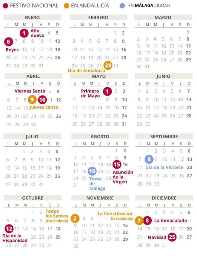 Calendario laboral de Málaga del 2020 (con todos los festivos)