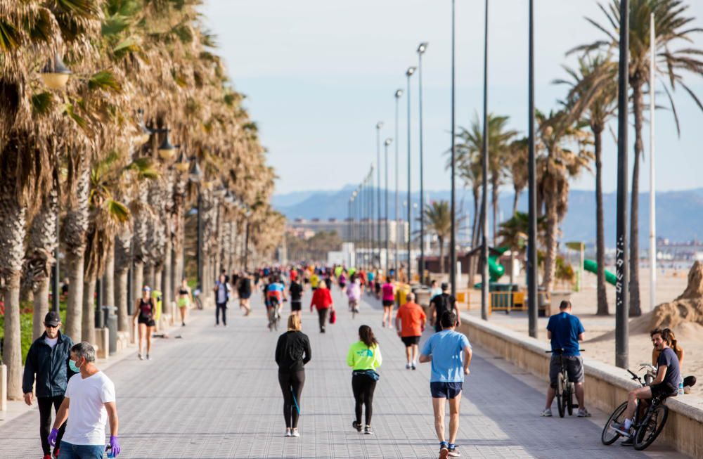 Deportistas en el Paseo Marítimo y en el Jardín del Turia de València