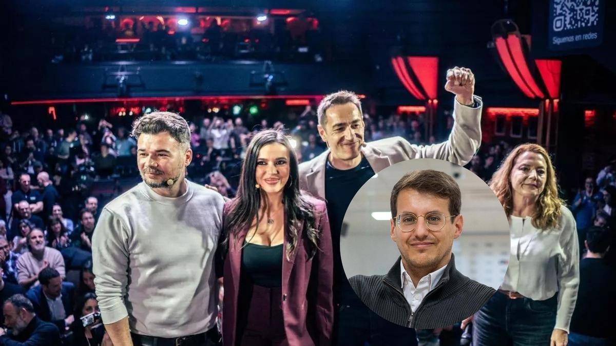 Rufián, Santaolalla y Delgado, en el acto de este jueves en el Teatro Galileo Galilei.