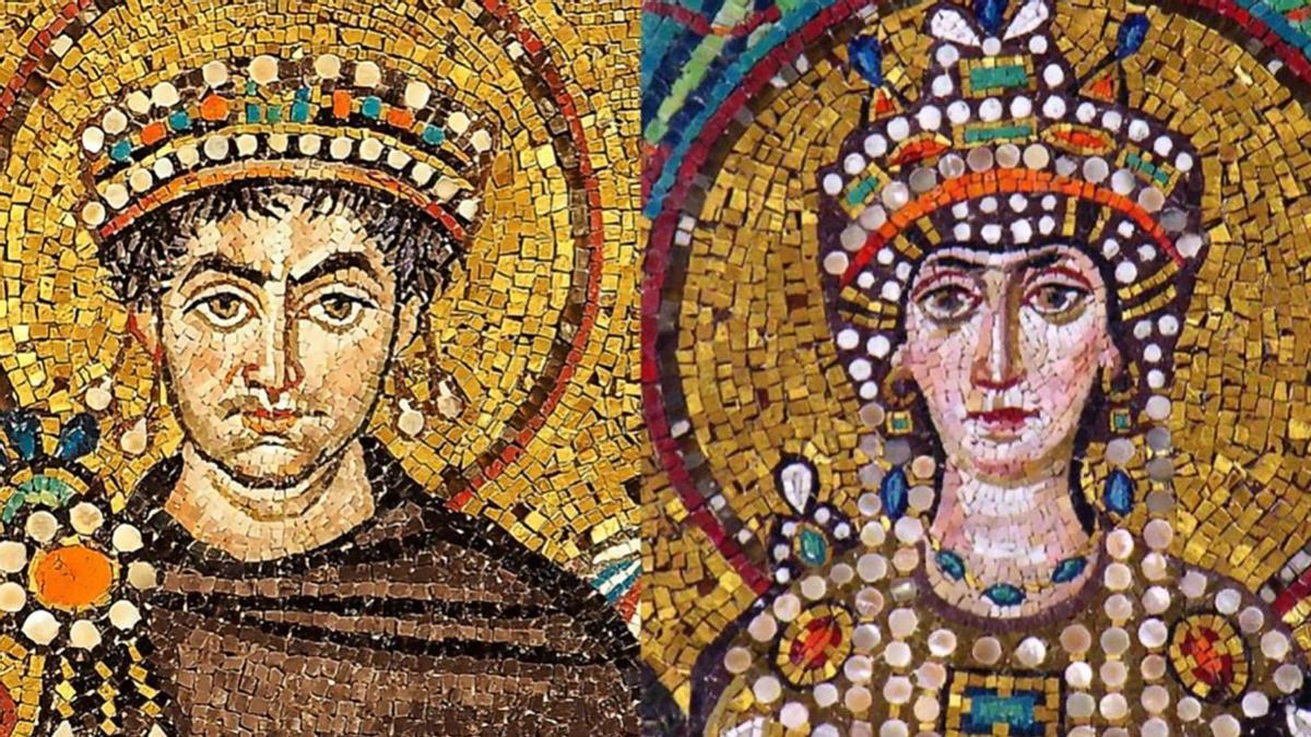 Mosaico coas figuras do emperador Xustiniano e da emperatriz Teodora.