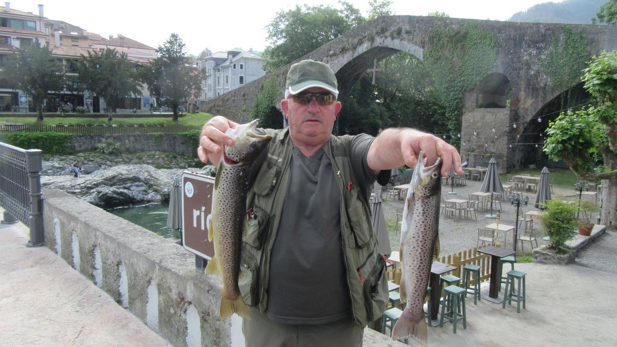 Ángel Fernández, Canalón, con una trucha y un reo pescado hoy, domingo, en el río Sella, en zona salmonera.