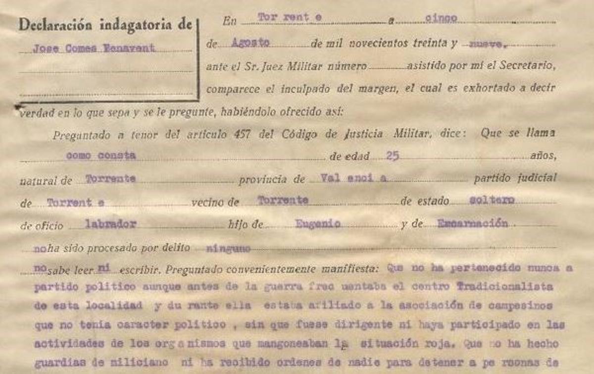 Extrato de la declaración de José Comes el 5 de agosto de 1939 ante el Juez Militar.