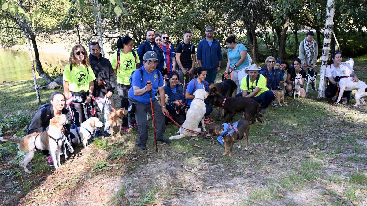 El grupo de voluntarios participantes con los perros.