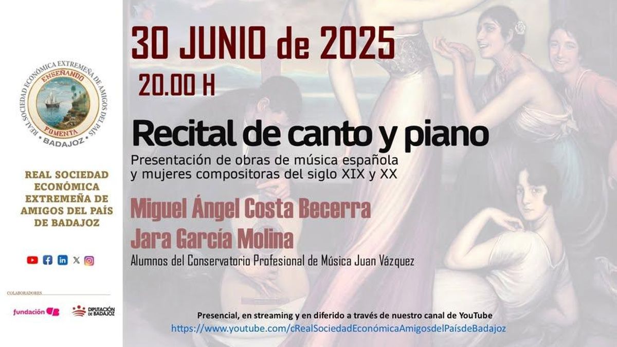 Recital de canto y piano de música española de los siglos XIX y XX en Real Sociedad Económica Amigos del País de Badajoz