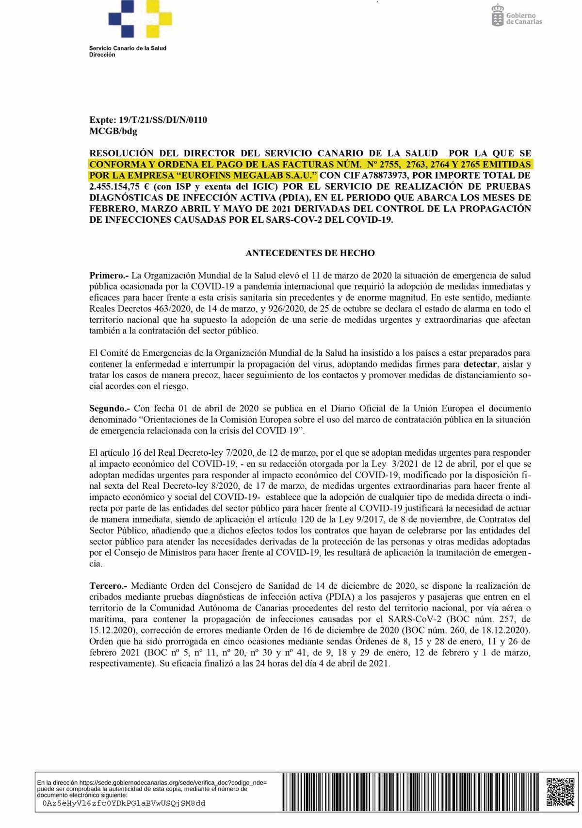 Resolución del Gobierno para pagar la realización de los test PCR.