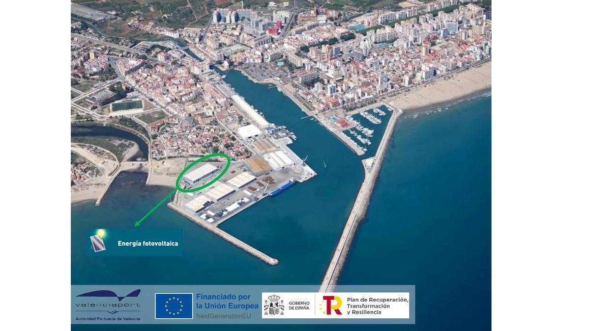 El puerto de Gandia y, en un círculo, el espacio donde va la planta solar.