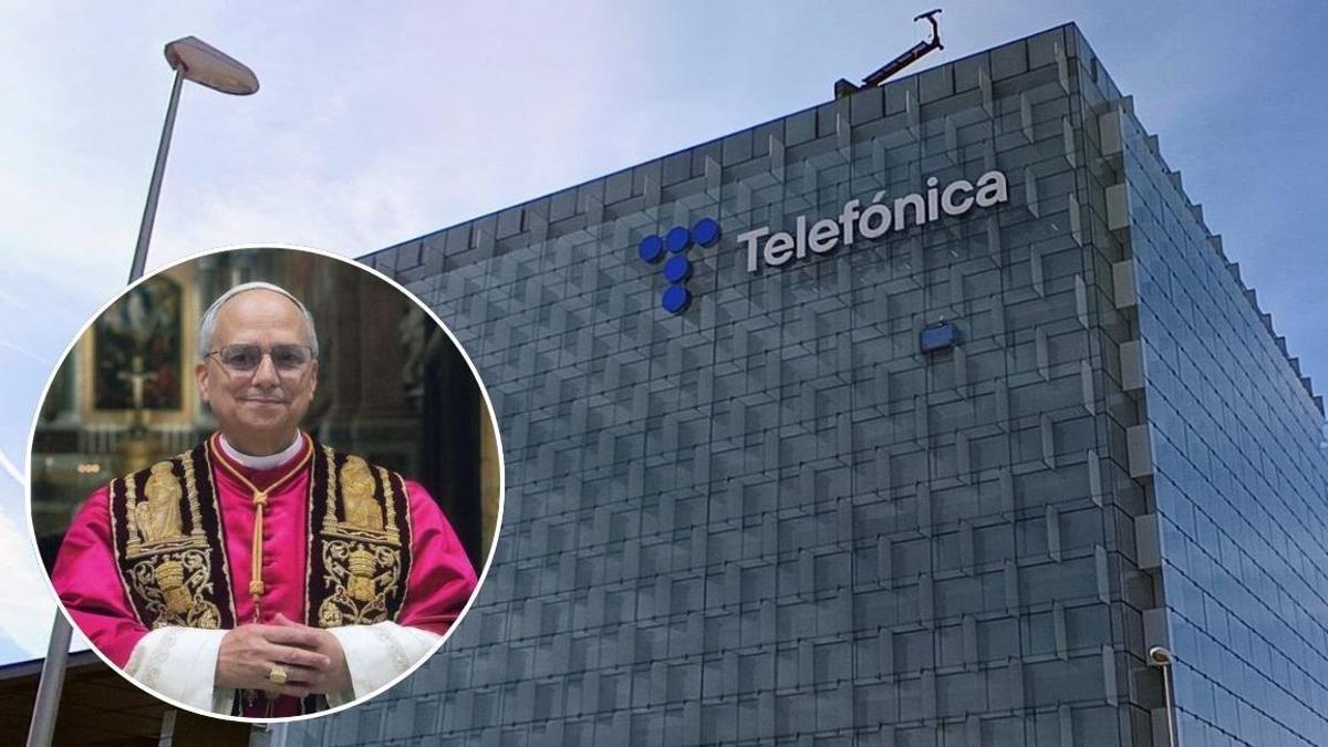Imagen del papa y un edificio de Telefónica en Madrid.