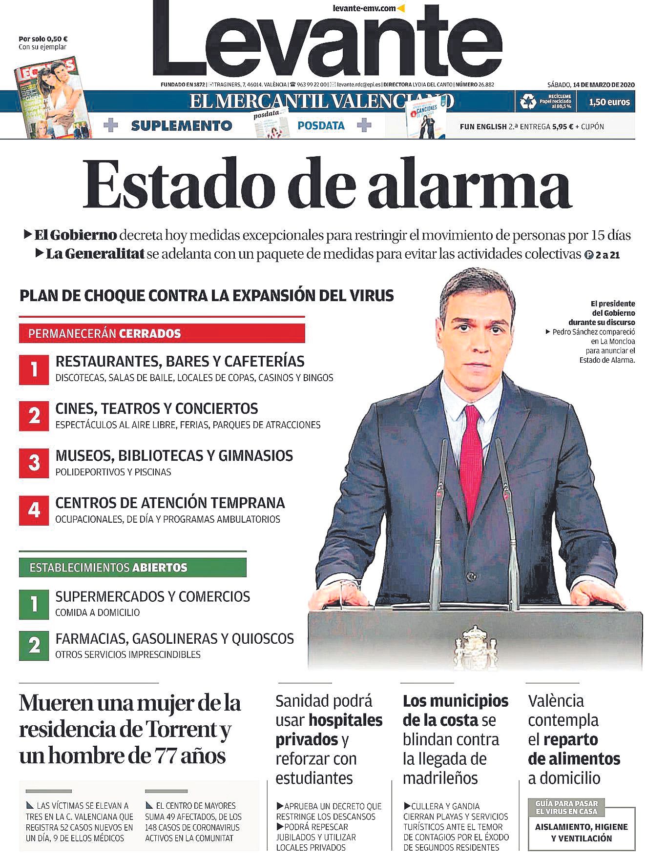 Portada del 14 de marzo de 2020, cuando se declaró el Estado de Alarma por la covid-19.