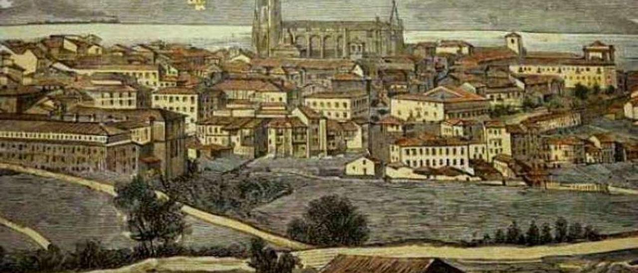 Grabado coloreado de Oviedo del siglo XIX.