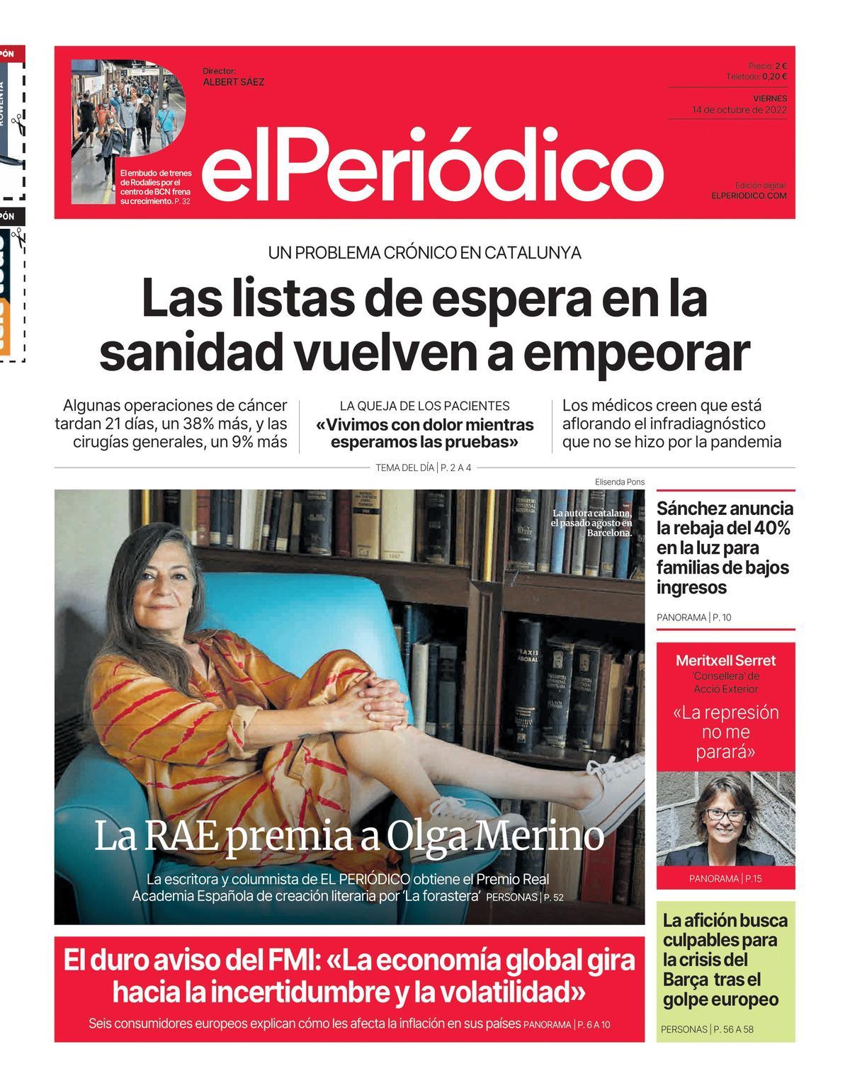 La portada d’EL PERIÓDICO del 14 d’octubre del 2022