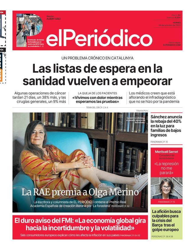 La portada d’EL PERIÓDICO del 14 d’octubre del 2022