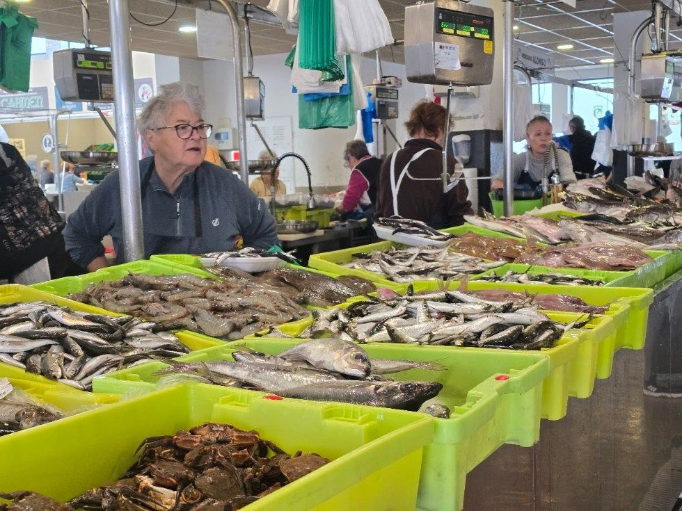 Venta de sardina en la plaza de abastos de Vilagarcía, ayer.