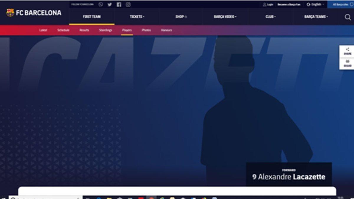 Esta es la ficha de Lacazette que aparece en la web del Barça