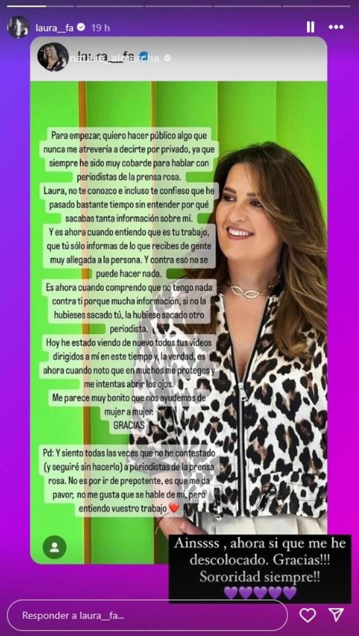 Las palabras de Natalia Almarcha a Laura Fa.