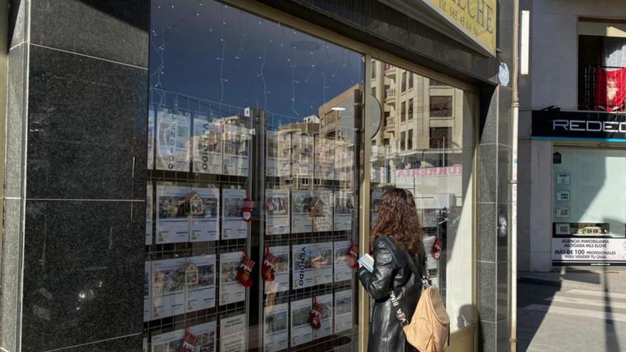 Una joven observando los carteles informativos de una inmobiliaria en el centro de Elche.  | AROA VIDAL