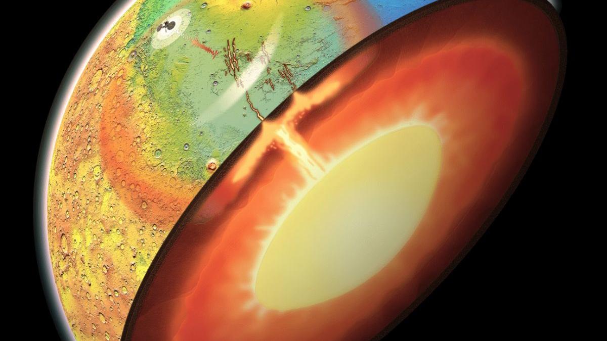 Recreación artística de una pluma del manto activa que surge de las profundidades de Marte y empuja hacia Elysium Planitia, una llanura del norte del planeta.
