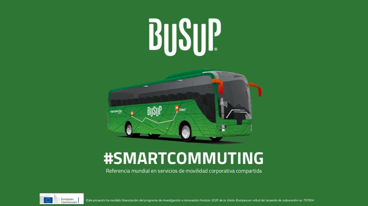 Cartel de Busup: "Referencia mundial en servicios de movilidad corporativa compartida"