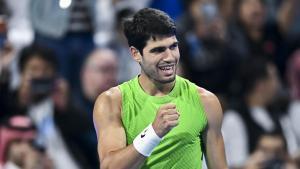 DOHA, Feb. 18, 2026 -- Carlos Alcaraz of Spain celebrates during the mens singles round of 32 match against Arthur Rinderknech of France at the ATP Qatar Open 2026 tennis tournament in Doha, Qatar, on Feb. 17, 2026.,Image: 1076110538, License: Rights-managed, Restrictions: , Model Release: no, Credit line: Nikku / Xinhua News / ContactoPhoto Editorial licence valid only for Spain and 3 MONTHS from the date of the image, then delete it from your archive. For non-editorial and non-licensed use, please contact EUROPA PRESS. 17/02/2026 ONLY FOR USE IN SPAIN