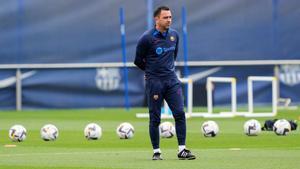 Xavi, en el entrenamiento del Barça en la ciudad deportiva de Sant Joan Despí previo al derbi con el Espanyol.