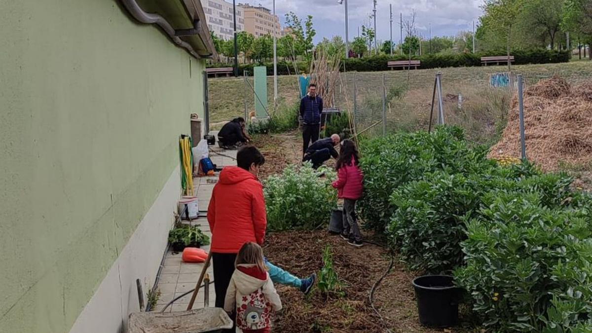 Mayores y pequeños trabajan en el huerto de Distrito Sur. | EL PERIÓDICO