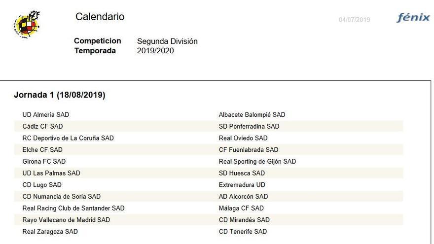 Calendario de partidos del CF en La Liga 123 para la temporada 2019/2020