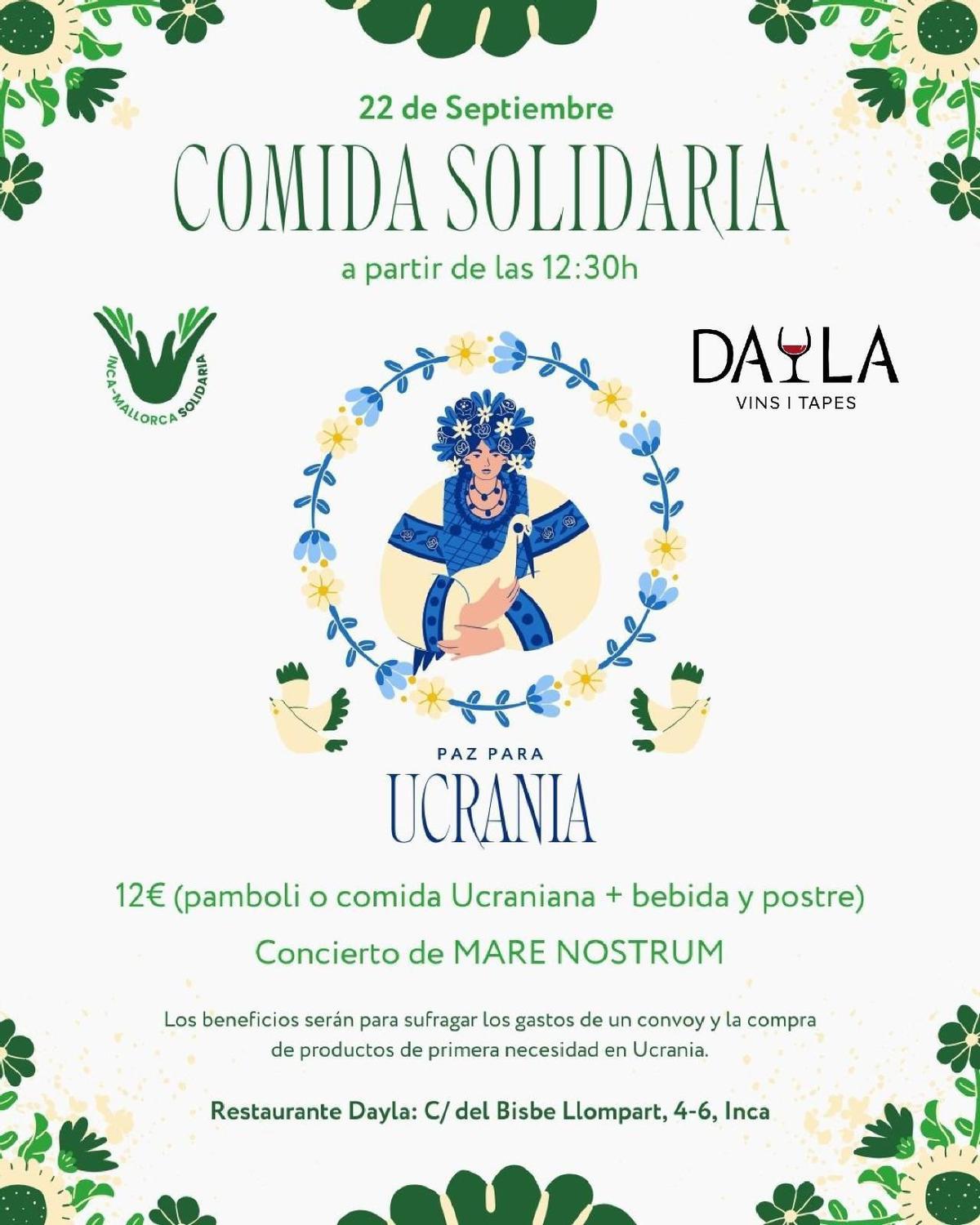 Cartel de la comida solidaria que se llevará a cabo este domingo en el restaurante Dayla de Inca.