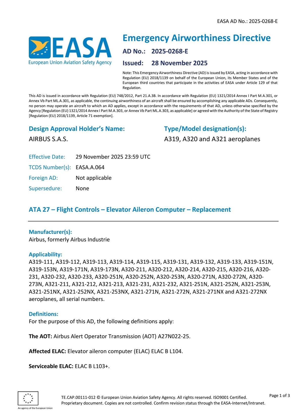 Advertencia de la EASA sobre la incidencia en la familia A320 de Airbus