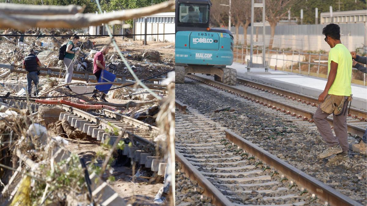 Antes y después de la afección de la dana a la línea de metro en Paiporta e imagen tras estar reparada.