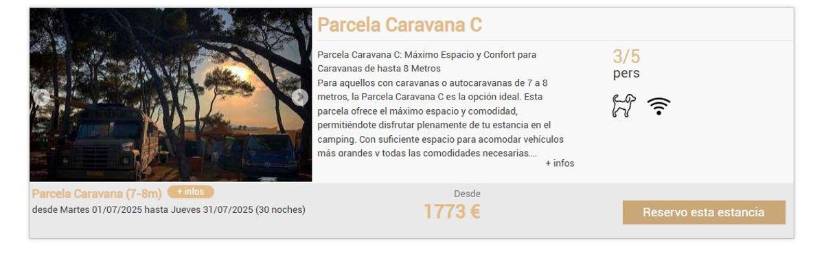 Precio de la reserva en un camping de la isla para 30 días