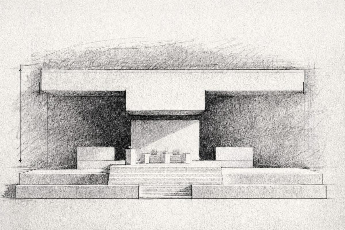Dibujo del altar mayor que se levanta en tres niveles, con el mar de fondo.