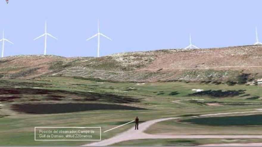 Recreación del futuro parque eólico de Pedras Negras visto desde el campo de golf de Domaio.
