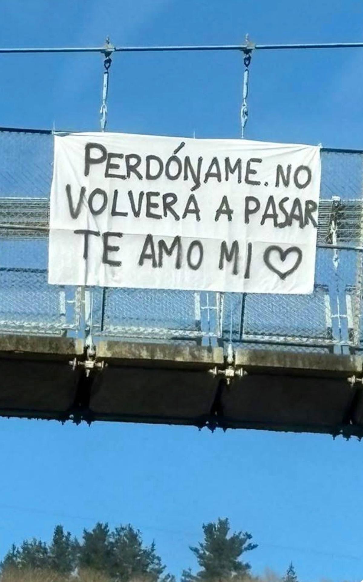 La pancarta colocada en el puente colgante.
