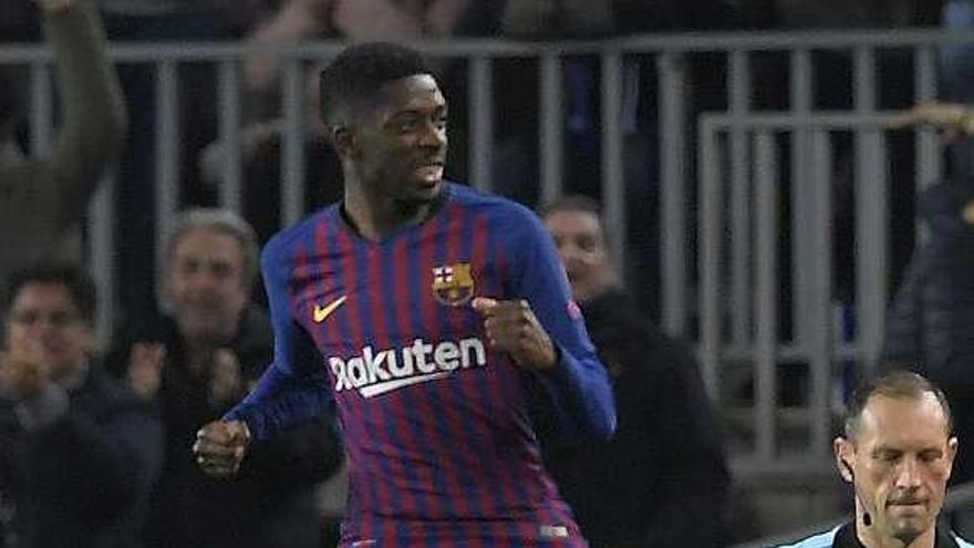 Dembélé celebra el gol del Barcelona.