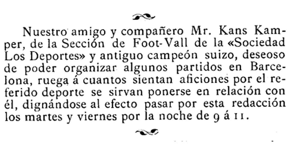 La gacetilla publicada por Gamper en 'Los Deportes' el 22 de octubre de 1899